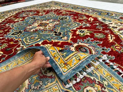 6'9x8'6 Persian-Style Heriz Design Rug | Hand-Knotted Wool on Cotton | Red Field, Blue & Ivory Medallion