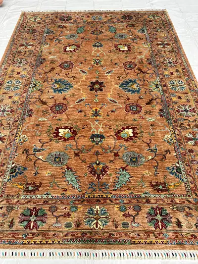 7x9 Persian-Style Sultanabad Ziegler Design Rug | Hand Knotted Wool | Camel Allover Palmette & Vine