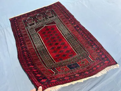 3x5 Afghan Baluch Prayer Rug – Hand-Knotted Wool Tribal Carpet, Vintage Red Geometric Design, Islamic Prayer M