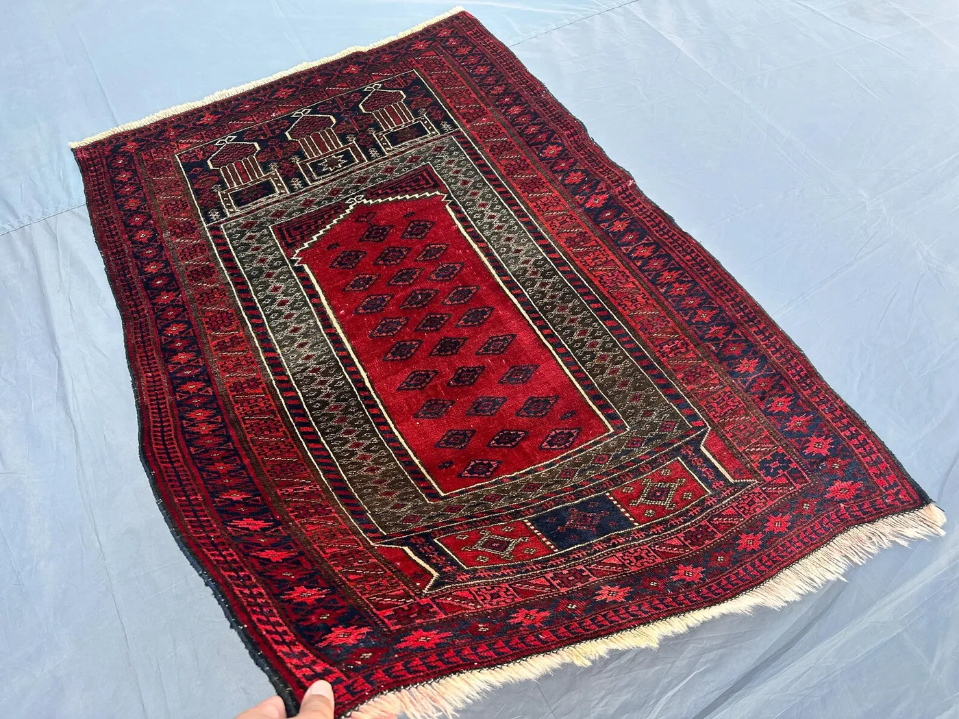 3x5 Afghan Baluch Prayer Rug – Hand-Knotted Wool Tribal Carpet, Vintage Red Geometric Design, Islamic Prayer Mat, Unique Home Décor, Kidroom
