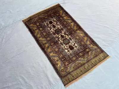 3x5 ft Afghan Baluchi Rug | Hand-Knotted Tribal Wool Area Carpet | Vintage Brown Geometric Design | Rustic Boh