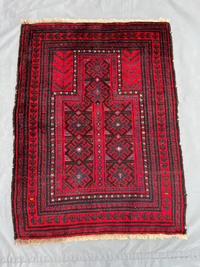 Vintage Afghan Prayer Rug | 2.9x3.6 ft Hand-Knotted Wool Carpet | Red Tribal Islamic Rug | Small Area Decor | 