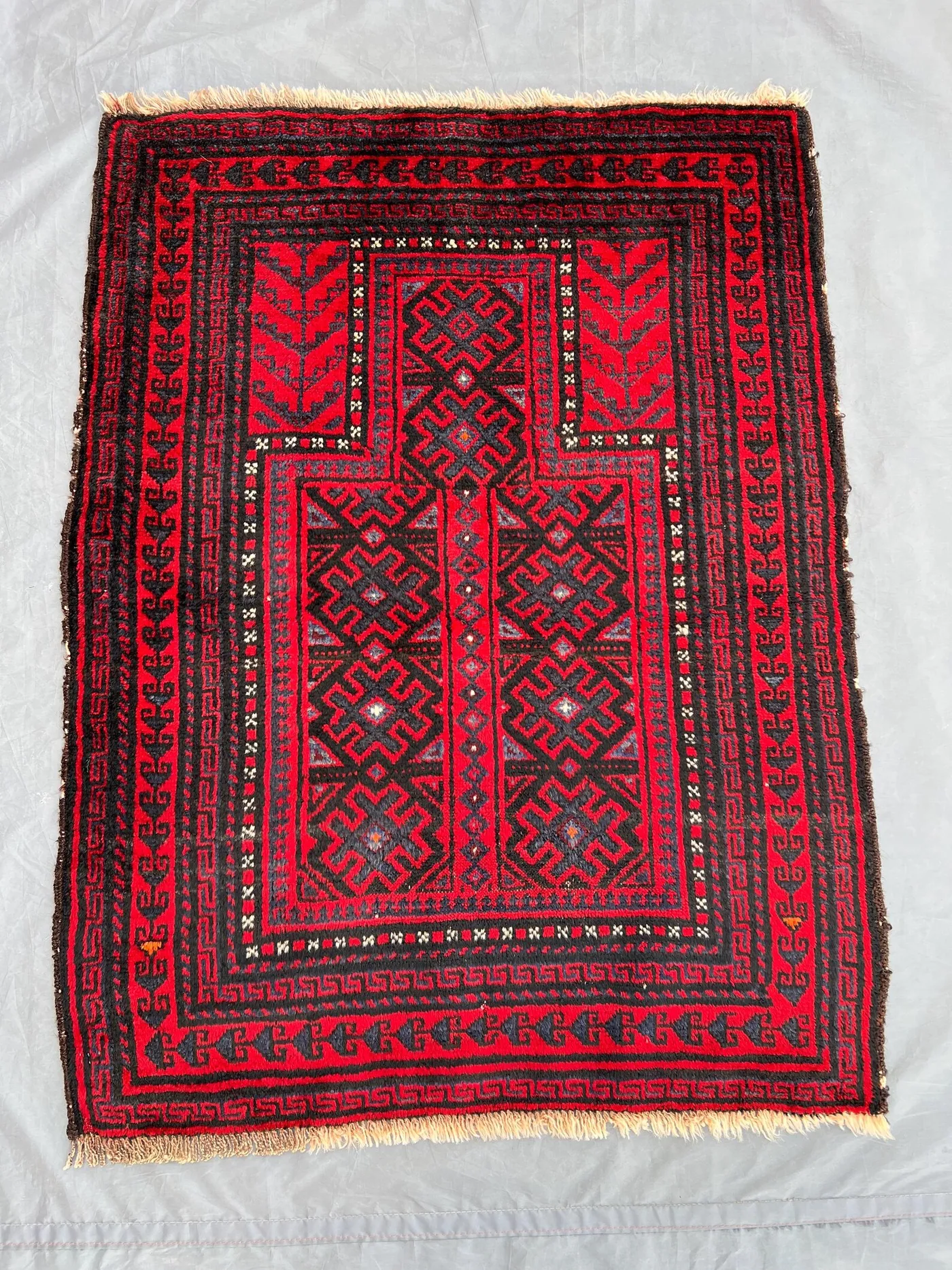 Vintage Afghan Prayer Rug | 2.9x3.6 ft Hand-Knotted Wool Carpet | Red Tribal Islamic Rug | Small Area Decor | Boho Ethnic Accent Rug
