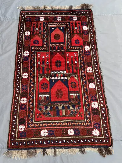 Vintage 3.3x5.3 ft Afghan Prayer Rug | Hand Knotted Wool Mihrab Carpet | Red Islamic Decor Rug | Tribal Boho O