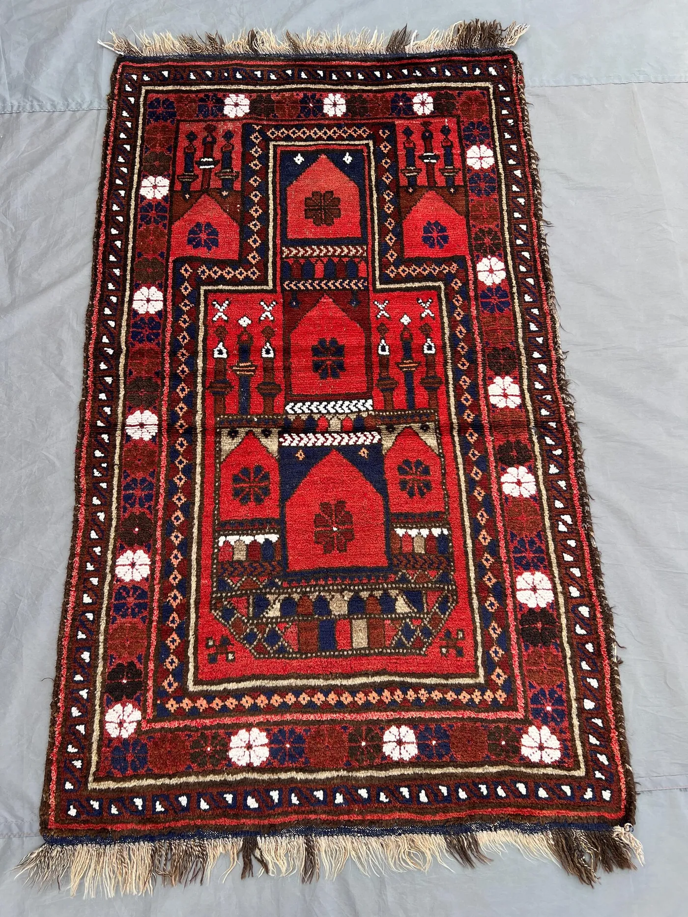 Vintage 3.3x5.3 ft Afghan Prayer Rug | Hand Knotted Wool Mihrab Carpet | Red Islamic Decor Rug | Tribal Boho Oriental Floor Accent, Kids rug