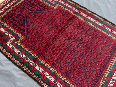 Afghan Prayer Rug 3x4.9 | Hand Knotted Wool Islamic Mihrab Rug | Red Green Oriental Carpet | Vintage Tribal Wo