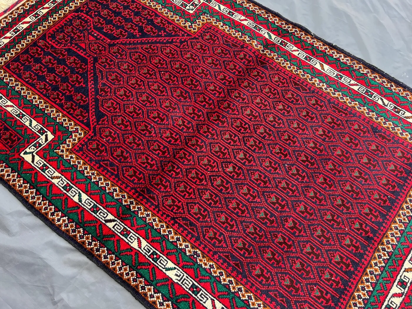 Afghan Prayer Rug 3x4.9 | Hand Knotted Wool Islamic Mihrab Rug | Red Green Oriental Carpet | Vintage Tribal Wool Decor Rug, Laundry rug