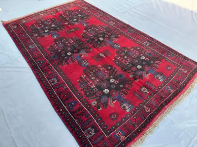 4x7 Afghan Pictorial Rug – Vintage Baluch Handmade Wool Area Rug, Floral Turkmen Carpet, Oriental Tribal Livin