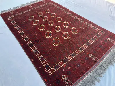 Turkmen Tekke Bokhara Rug – Afghan Hand-Knotted Wool Tribal Carpet, Vintage Red Geometric Area Rug, 4x7 ft Uni