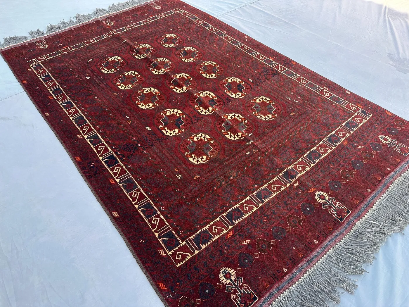 Turkmen Tekke Bokhara Rug – Afghan Hand-Knotted Wool Tribal Carpet, Vintage Red Geometric Area Rug, 4x7 ft Unique Living Room Décor, Turkish