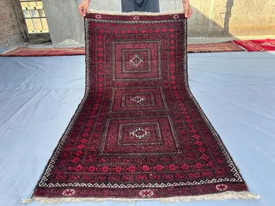 3x6 Afghan Tribal Rug – Hand-Knotted Ersari Wool Carpet, Vintage Turkmen Geometric Red & Black Area Rug, Uniqu