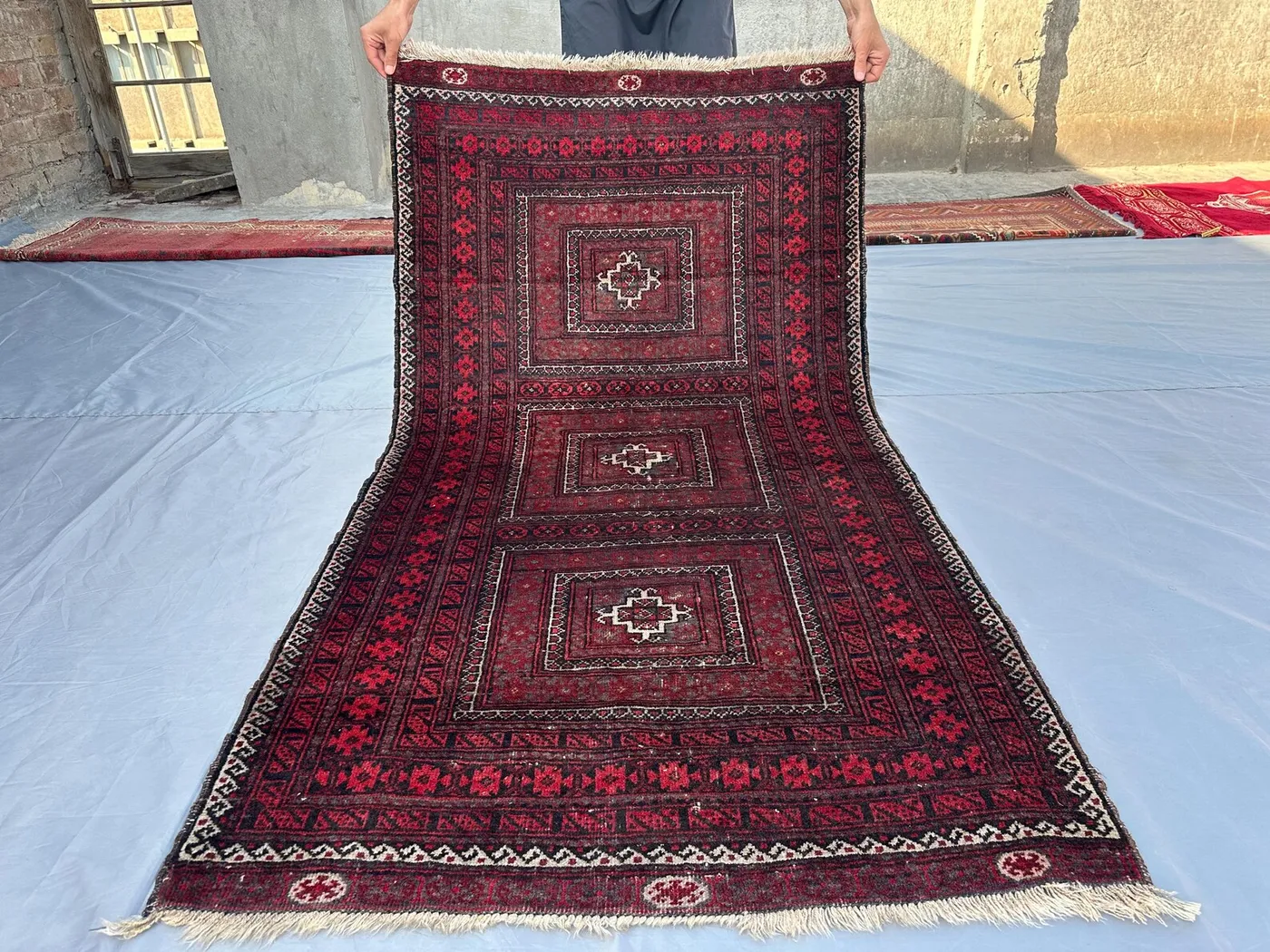 3x6 Afghan Tribal Rug – Hand-Knotted Ersari Wool Carpet, Vintage Turkmen Geometric Red & Black Area Rug, Unique Boho Home Décor, Kitchen rug