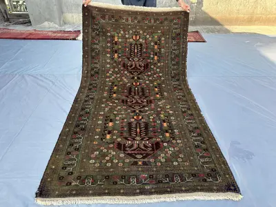 Antique 4x7 ft Turkmen Floral Rug - Afghan Baluch Hand-Knotted Wool Rug - Vintage Tribal Design for Living Roo