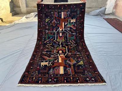 Vintage 3.8x6.5 ft Afghan Baluch Rug Tree of Life Design – Hand-Knotted Wool Tribal Carpet – Unique Decorative