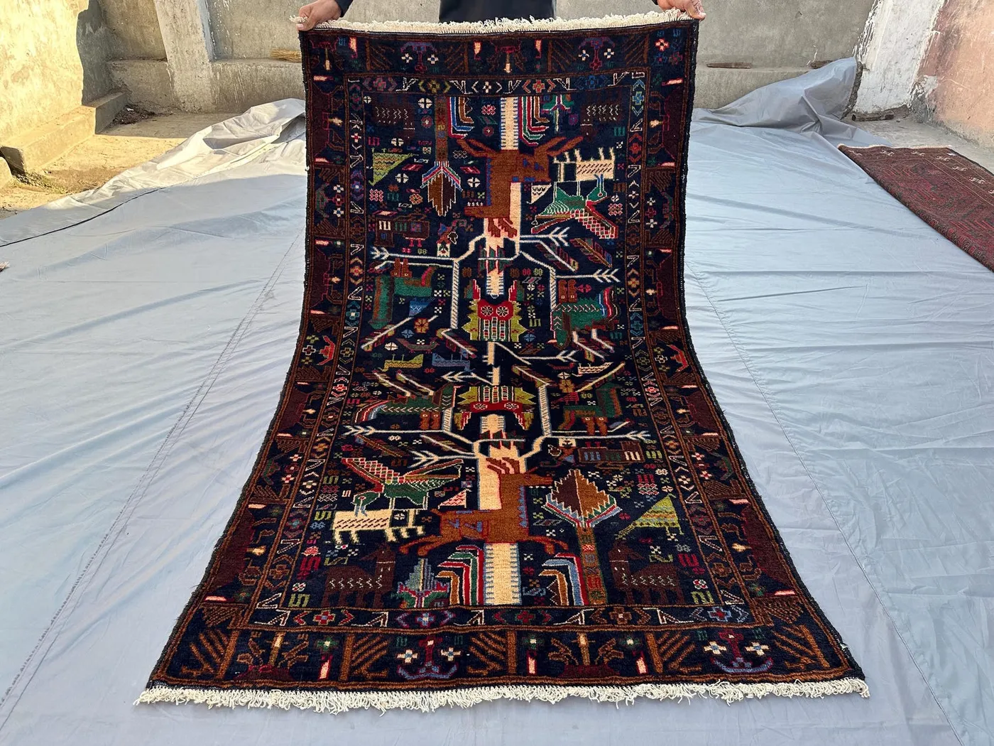Vintage 3.8x6.5 ft Afghan Baluch Rug Tree of Life Design – Hand-Knotted Wool Tribal Carpet – Unique Decorative Accent for Living Spaces