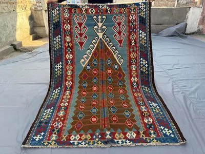 Antique 4x6 Turkish Prayer Kilim Flat-Weave Tribal Rug - Handmade Wall Hanging Anatolian Kilim with Geometric 