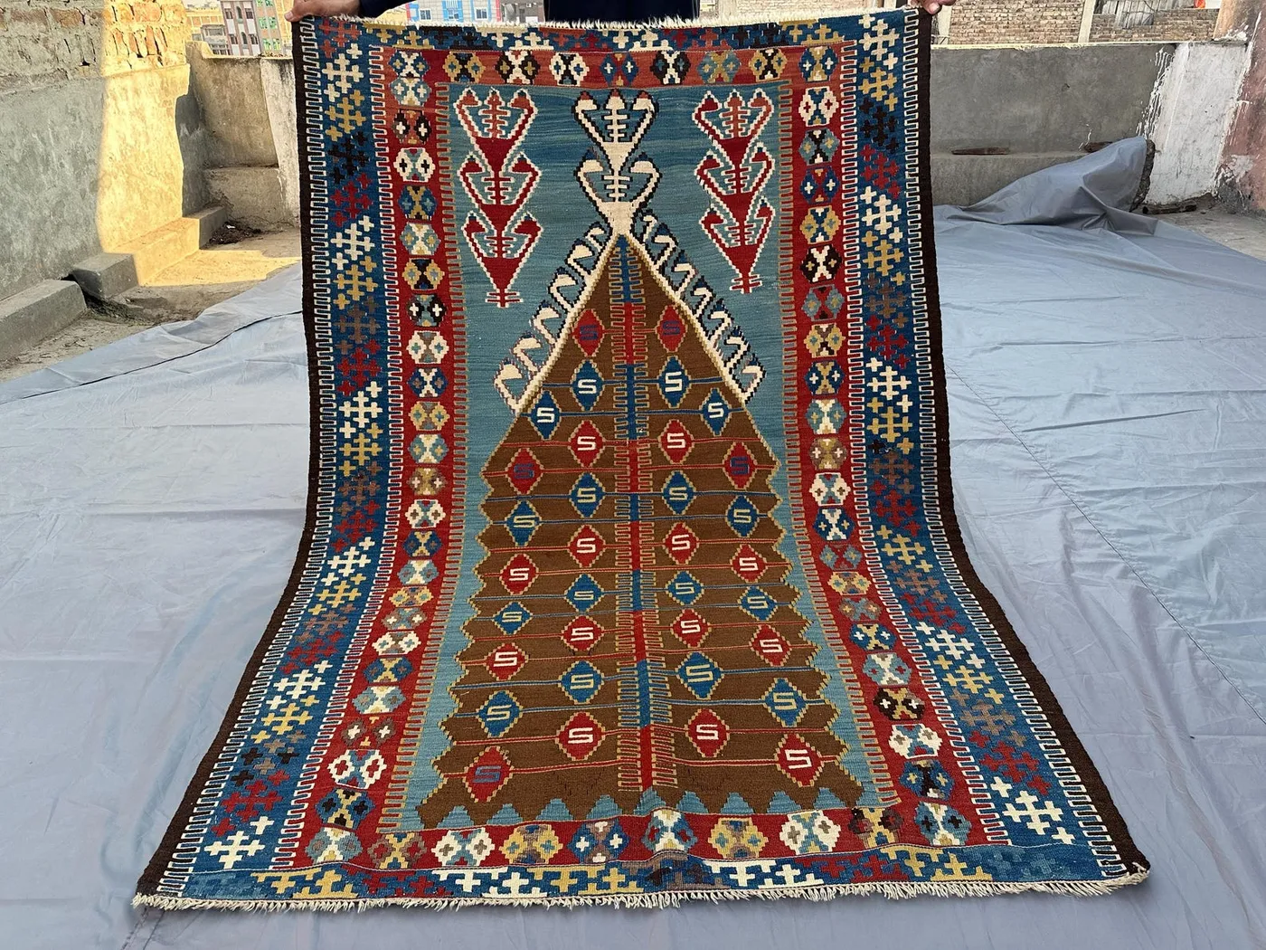 Antique 4x6 Turkish Prayer Kilim Flat-Weave Tribal Rug - Handmade Wall Hanging Anatolian Kilim with Geometric Patterns and Vibrant Colors