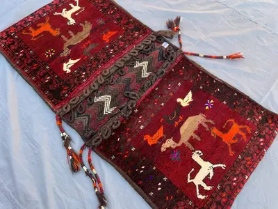 2.2x4.4 ft Afghan Turkmen Pictorial Saddle Bag Rug Handwoven Animal Design Traditional Decor, Rustic Decor, Ge