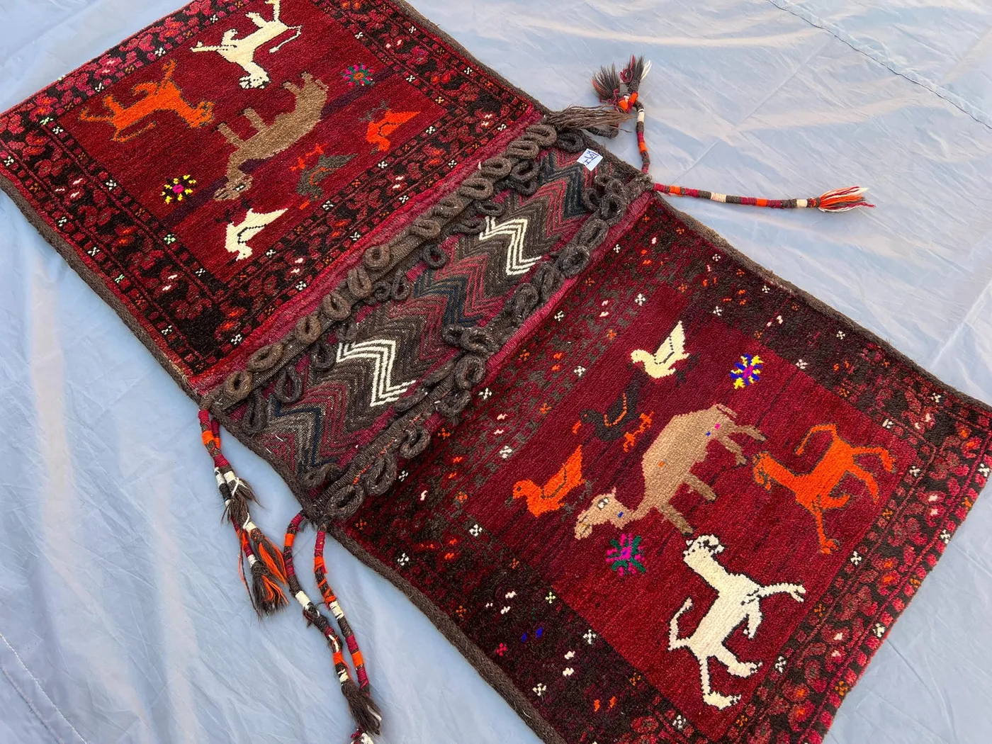 2.2x4.4 ft Afghan Turkmen Pictorial Saddle Bag Rug Handwoven Animal Design Traditional Decor, Rustic Decor, Geometric pattern