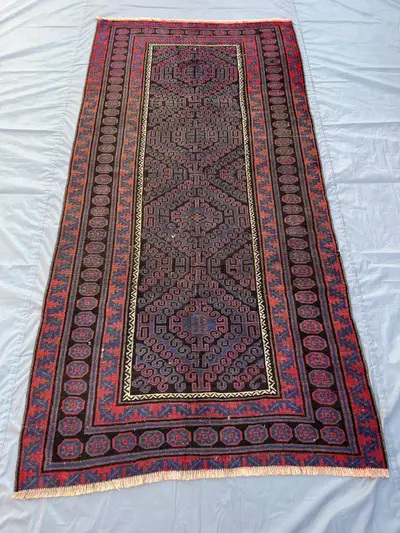 4.4x8.9 ft Antique Afghan Baluch Wide Runner Rug Tribal Low Pile Wool Rug Zanjiri Design Dark Tones Rug for Ha