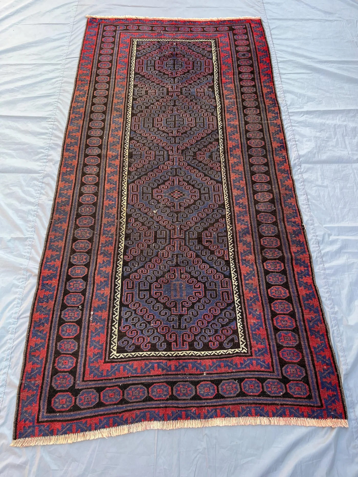 4.4x8.9 ft Antique Afghan Baluch Wide Runner Rug Tribal Low Pile Wool Rug Zanjiri Design Dark Tones Rug for Hallway or Entryway, Turkmen rug