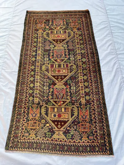 3.4x6.7 ft Antique Afghan Baluch Tribal Rug, Pictorial Floral Pot Design, Turkmen Wool Handmade Rug, Unique Co