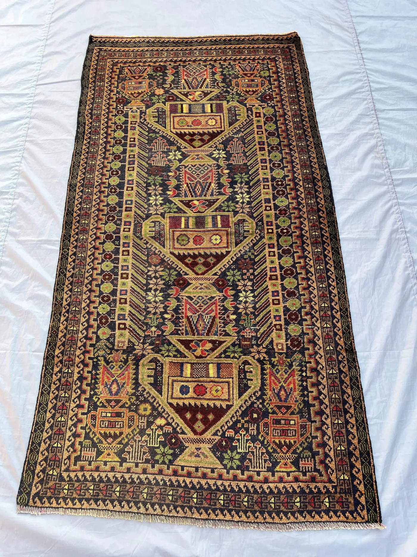 3.4x6.7 ft Antique Afghan Baluch Tribal Rug, Pictorial Floral Pot Design, Turkmen Wool Handmade Rug, Unique Collectible Rug, Kitchen rug