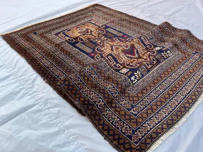 3.7x6.5 ft Vintage Afghan Hand-Knotted Rug, Tribal Baluch Rug, Unique Wool Area Rug, One-of-a-Kind Afghan Noma