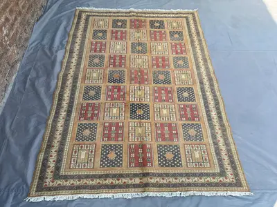 5x7'3 ft Vintage Afghan Handmade Sumak Kilim Rug, Tribal Wool Hand-Woven Rug, Geometric Pattern Area Rug, Bedr