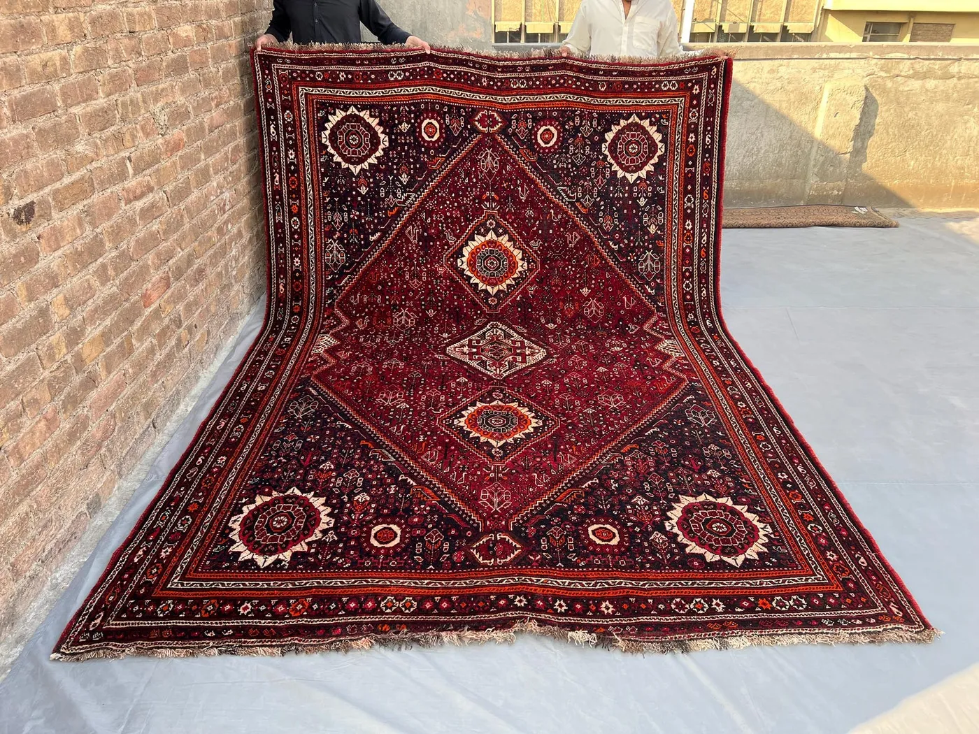7x10 Persian-Style Qashqai Design Rug | Antique 1950s Hand Knotted Wool | Deep Red Diamond Medallion Tribal Carpet
