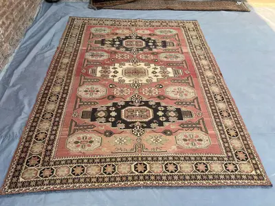 7'2x9'2 Caucasian-Style Sumak Design Kilim | Vintage Afghan Handwoven Wool | Terracotta & Black Diamond Medall