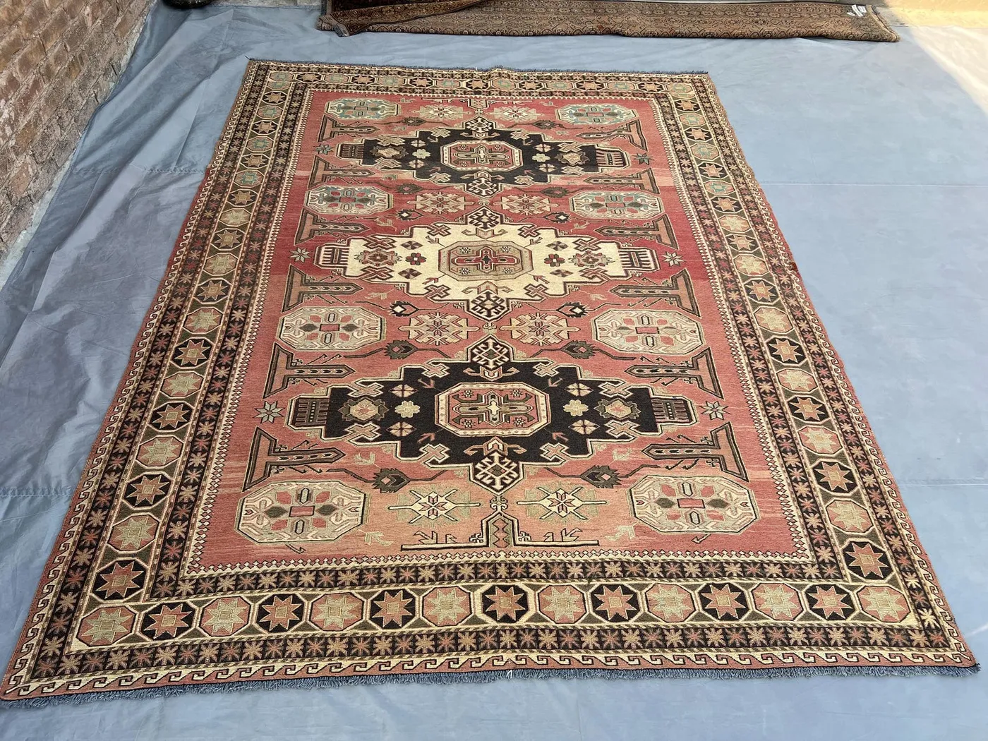 7'2x9'2 Caucasian-Style Sumak Design Kilim | Vintage Afghan Handwoven Wool | Terracotta & Black Diamond Medallion