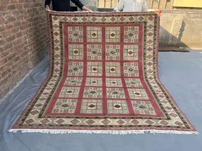 6'9x8'2 ft Vintage Afghan Handmade Kilim Rug, Geometric Flat Weave Tribal Wool Rug, Faded Living Room Area Rug