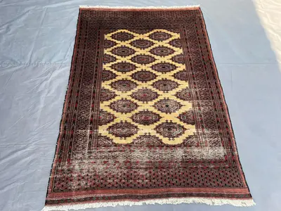 4'2x6'1 Ft Antique Turkmen Tribal Rug Geometric Wool Rug Pakistani Handmade Carpet Unique Vintage Wool Area Ru