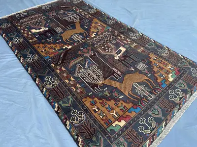 Handmade Afghan Baluch Rug | 3'9 x 6'7 Tribal Pictorial Carpet | Animal Hunting Design | Unique Wool Area Rug 