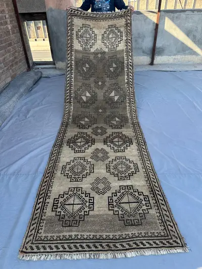 3'4 x 10'8 ft Antique Afghan Baluch Runner Rug Tribal Wool Wide Hallway Rug Fine Handmade Carpet, Terracotta R