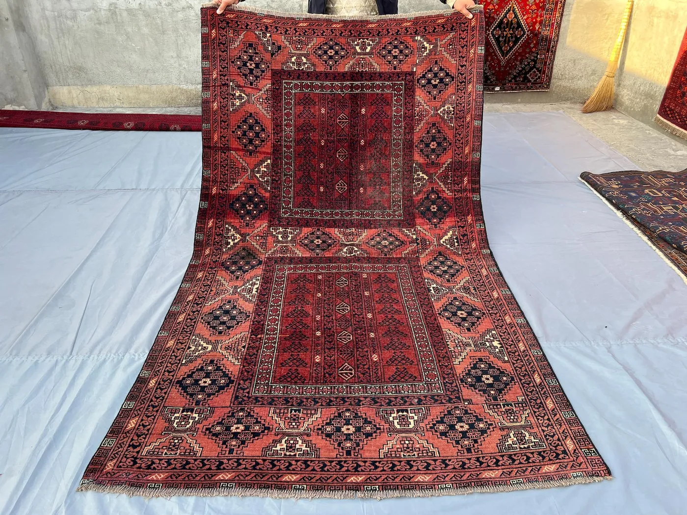 Antique 1960s Afghan Turkmen Ersari Rug – Hand-Knotted Wool Parda Ensi Tribal Carpet – Vintage 5x7 ft Geometric Design Rug, Turkish Wool Rug