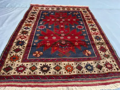 Vintage 4.4x5.9 ft Afghan Baluch Rug – Hand-Knotted Turkmen Taimani Tribal Wool Carpet – Moroccan Style Fine A