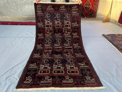 Afghan Baluch War Rug – 4x7 ft Tribal Pictorial Wool Carpet – Handmade Turkmen Rug, Art Motif Rug for Outdoor,