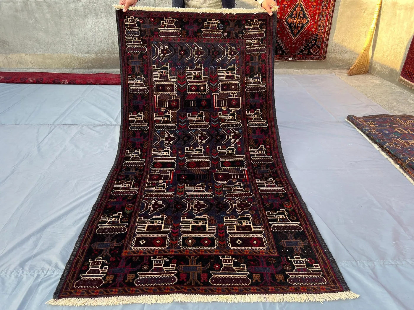 Afghan Baluch War Rug – 4x7 ft Tribal Pictorial Wool Carpet – Handmade Turkmen Rug, Art Motif Rug for Outdoor, Bedroom, Moroccan Tribal Rug
