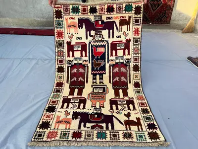 Vintage 3x5 Afghan Baluch Pictorial Rug – Hand-Knotted Wall Hanging Wool Carpet – Unique Human and Animal Desi