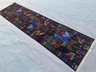 2'5x9'5 ft Vintage Afghan Hand Knotted Baluchi Runner Rug Tribal Pictorial Animal Hunting Design Hallway Entry