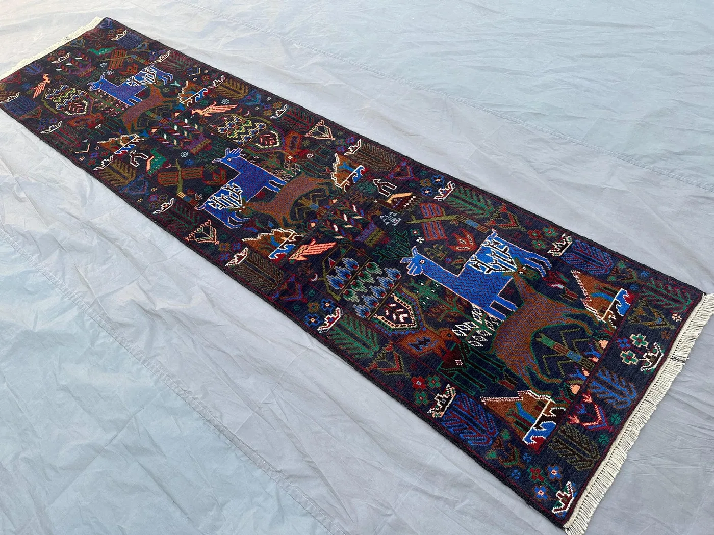 2'5x9'5 ft Vintage Afghan Hand Knotted Baluchi Runner Rug Tribal Pictorial Animal Hunting Design Hallway Entryway Rug, Moroccan rug Boho Rug