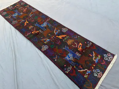 3x9 Vintage Afghan Hand-Knotted Baluchi Runner Rug, Animal Hunting Pictorial Wool Runner, Geometric Tribal Rug