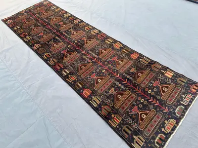 3x9'5 ft Antique Afghan Baluchi Runner Rug, Tribal Handmade Wool Pictorial Runner, War Rug, Entryway Hallway R