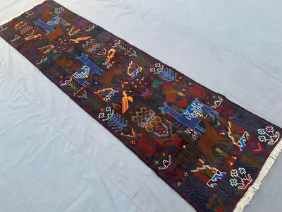 3x10 Vintage Afghan Handmade Runner Rug | Tribal Pictorial Animal Hunting Scene | Geometric Art Hallway Rug, H