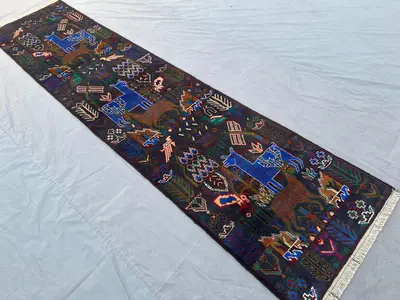 2x10 Vintage Afghan Handmade Runner Rug, Tribal Pictorial Animal Hunting Scene, Geometric Art Hallway Rug, Tur