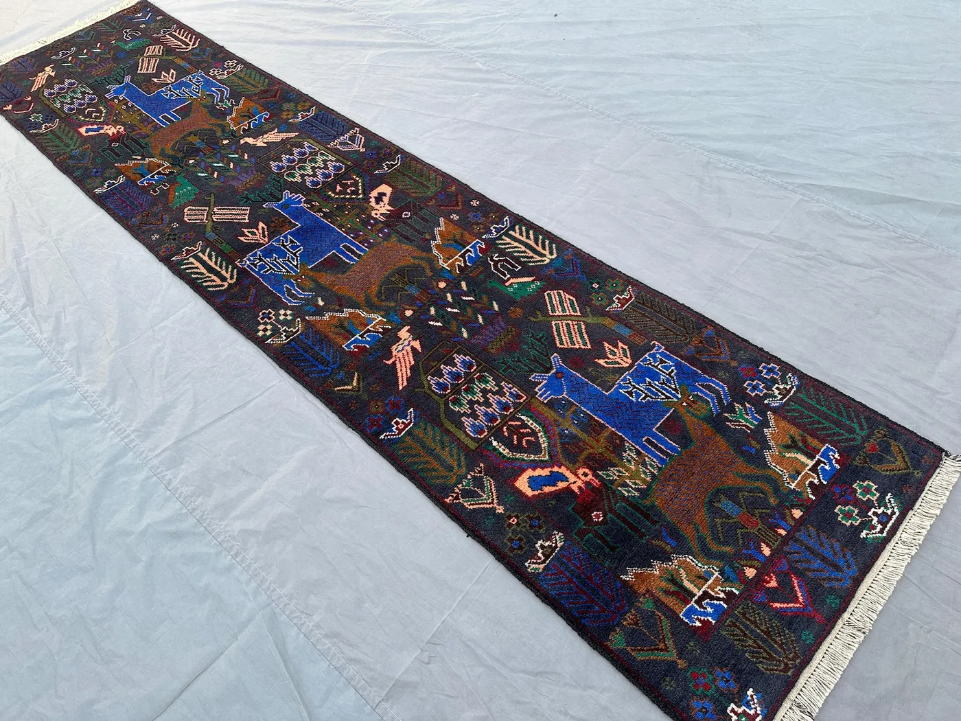 2x10 Vintage Afghan Handmade Runner Rug, Tribal Pictorial Animal Hunting Scene, Geometric Art Hallway Rug, Turkish Runner, geometric Pattern