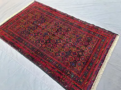 Antique Hand Knotted Turkmen Baluch Rug, Tribal Geometric Wool Rug, Vintage Carpet for Living Room & Kitchen, 