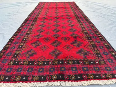 Vintage Afghan Baluch Runner Rug 3x7 Tribal Turkmen Mowri Design | Nomadic Fine Wool Carpet | Unique Hallway R
